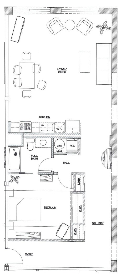 Floor plan for 1 bed, 1 bath, 912 sqft